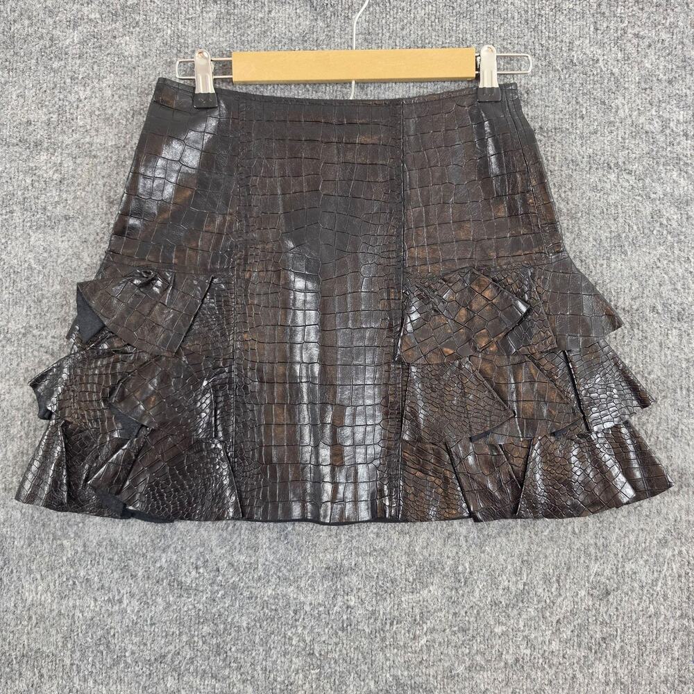 Alexis Skirt Small Black Leather Croc Ruffle Mini Lined Party Chic Sexy NightOut